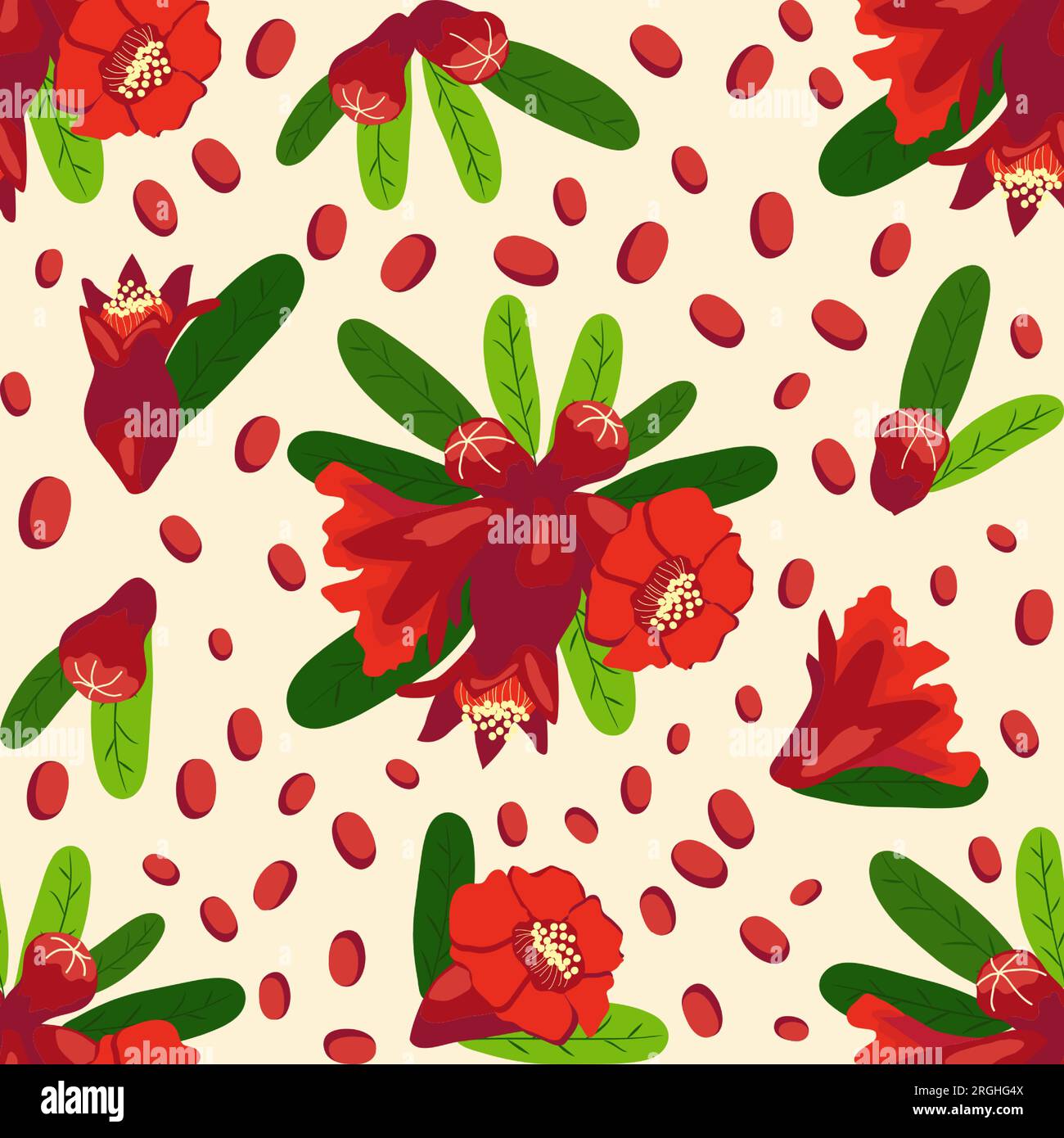 Granatapfelblüten nahtloses Muster. Leuchtende Blätter und Blumen. Shana Tova Nahtloses Muster. Jüdisches Neujahr mit Rosh Hashanah, Yalda Stock Vektor