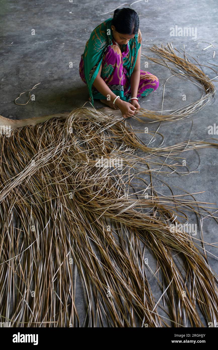 Eine Frau webt in ihrem Haus im Dorf Hailakathi, Rajapur upazila, traditionelles Sitol-Versteck (coole Matte). Jhalakathi, Bangladesch Stockfoto