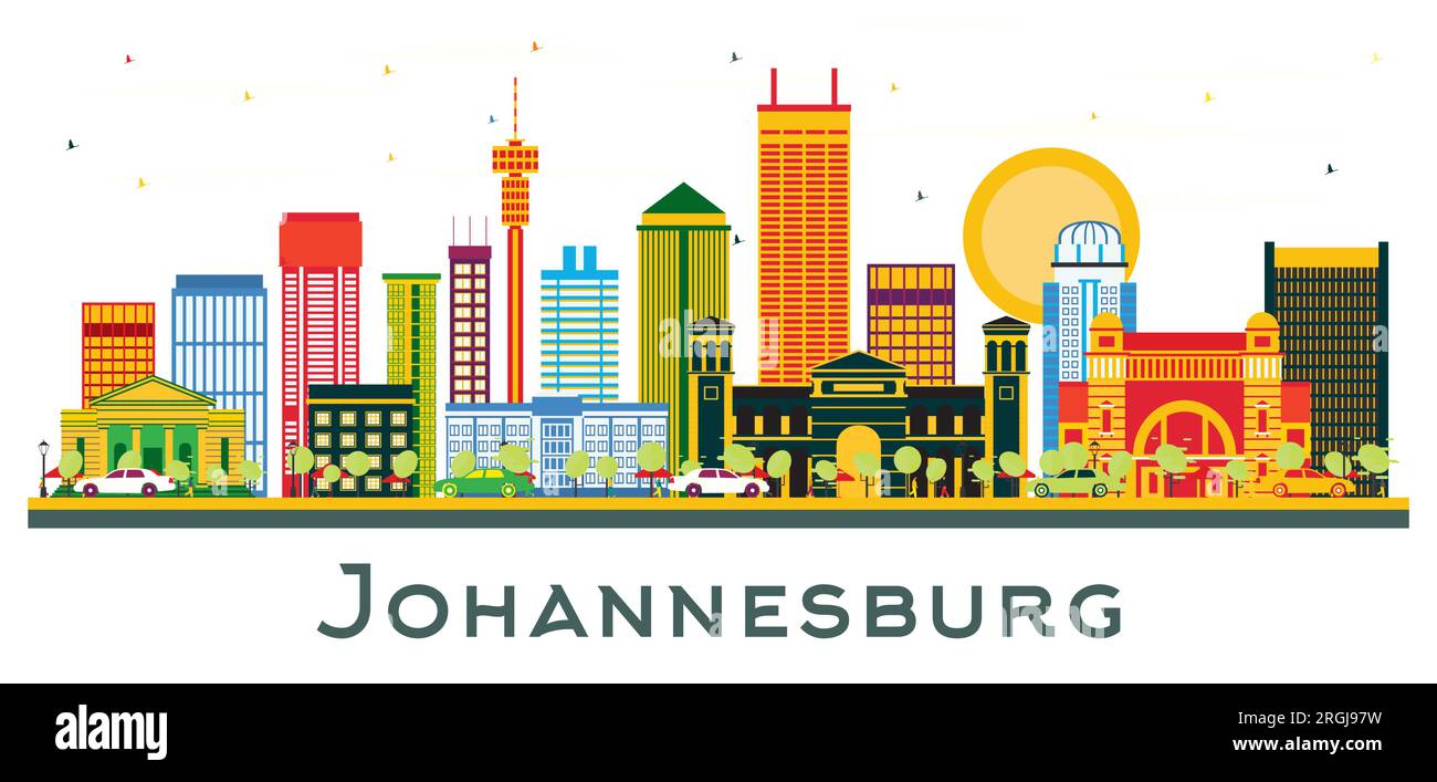 Die Skyline von Johannesburg, Südafrika, mit farbigen Gebäuden isoliert auf Weiß. Vektordarstellung. Konzept für Geschäftsreisen und Tourismus. Stock Vektor