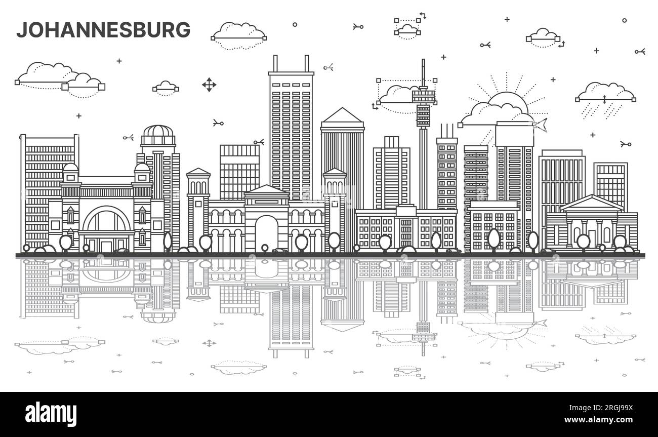 Umreißen Sie die Skyline von Johannesburg South Africa City mit modernen Gebäuden und Reflektionen isoliert auf Weiß. Vektordarstellung. Stadtbild Von Johannesburg. Stock Vektor