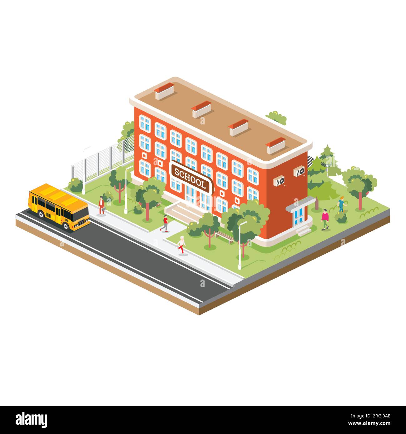 Isometrisches Schulgebäude mit gelbem Bus isoliert auf weißem Hintergrund. Vektordarstellung. Bäume und Straße. Der Mann geht zur Schule. Stock Vektor