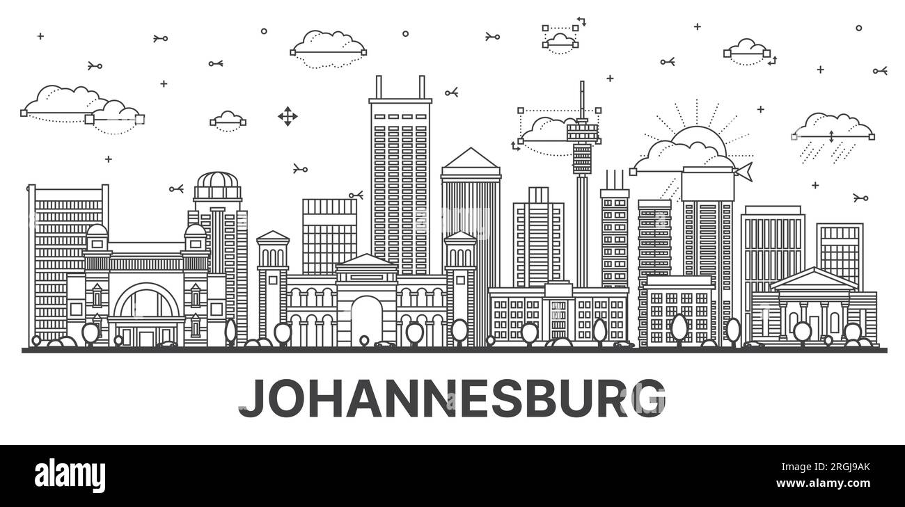 Umreißen Sie die Skyline von Johannesburg South Africa City mit modernen und historischen Gebäuden, isoliert auf Weiß. Vektordarstellung. Stadtbild Von Johannesburg. Stock Vektor