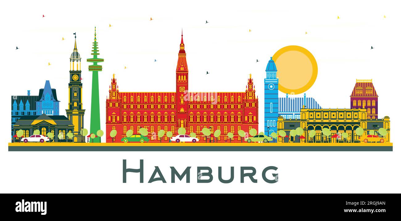 Die Skyline von Hamburg Deutschland mit farbigen Gebäuden, isoliert auf Weiß. Vektordarstellung. Konzept für Geschäftsreisen und Tourismus. Stock Vektor