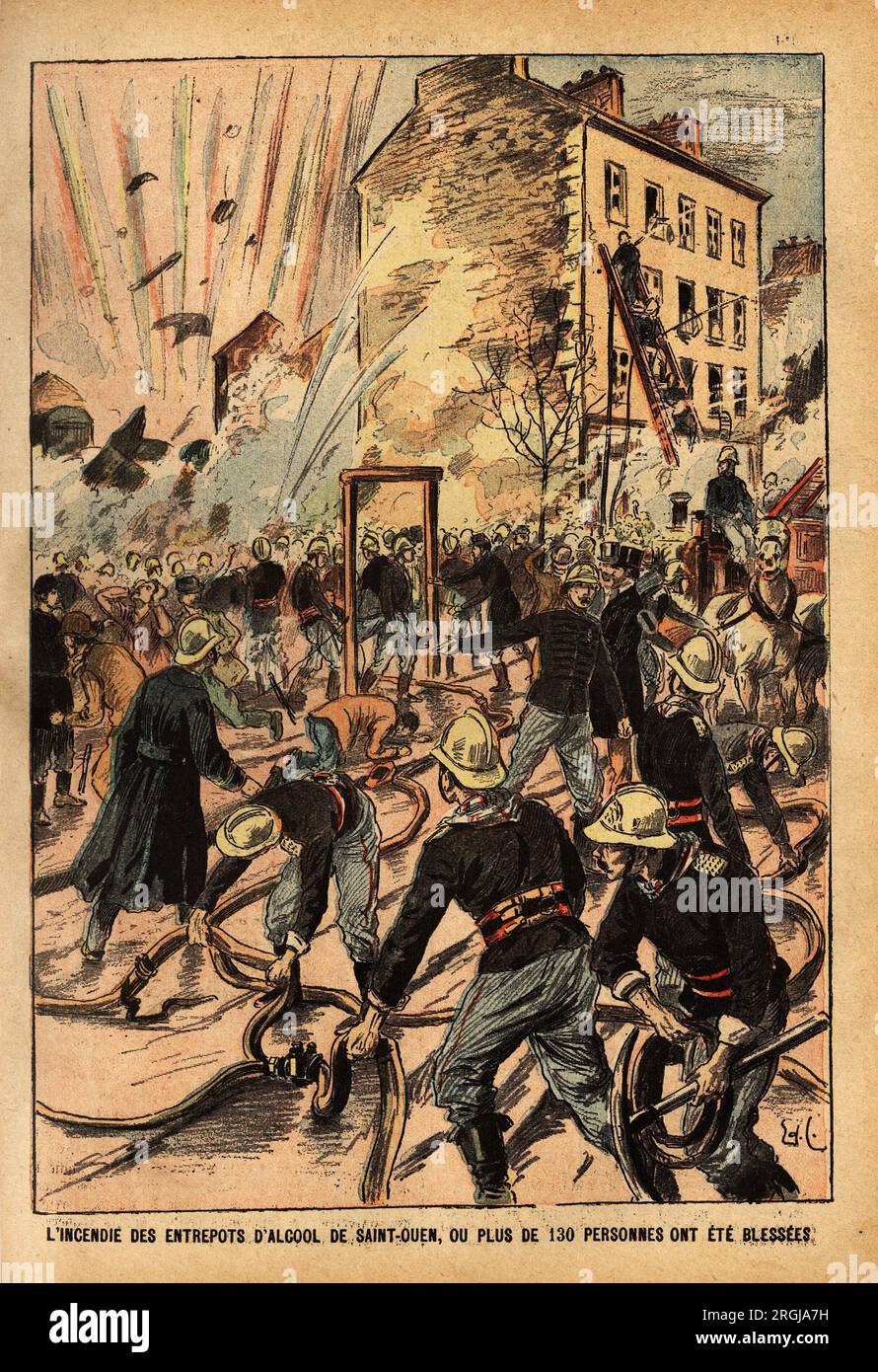 Intervention des brigades des pompiers, pour eteindre l'incendie des entrepots d'Alcool de Saint Ouen, l'Explosion des stocks et l'incendie ont blesse 130 Personen. Gravure in 'Le pelerin' 11031900. Stockfoto