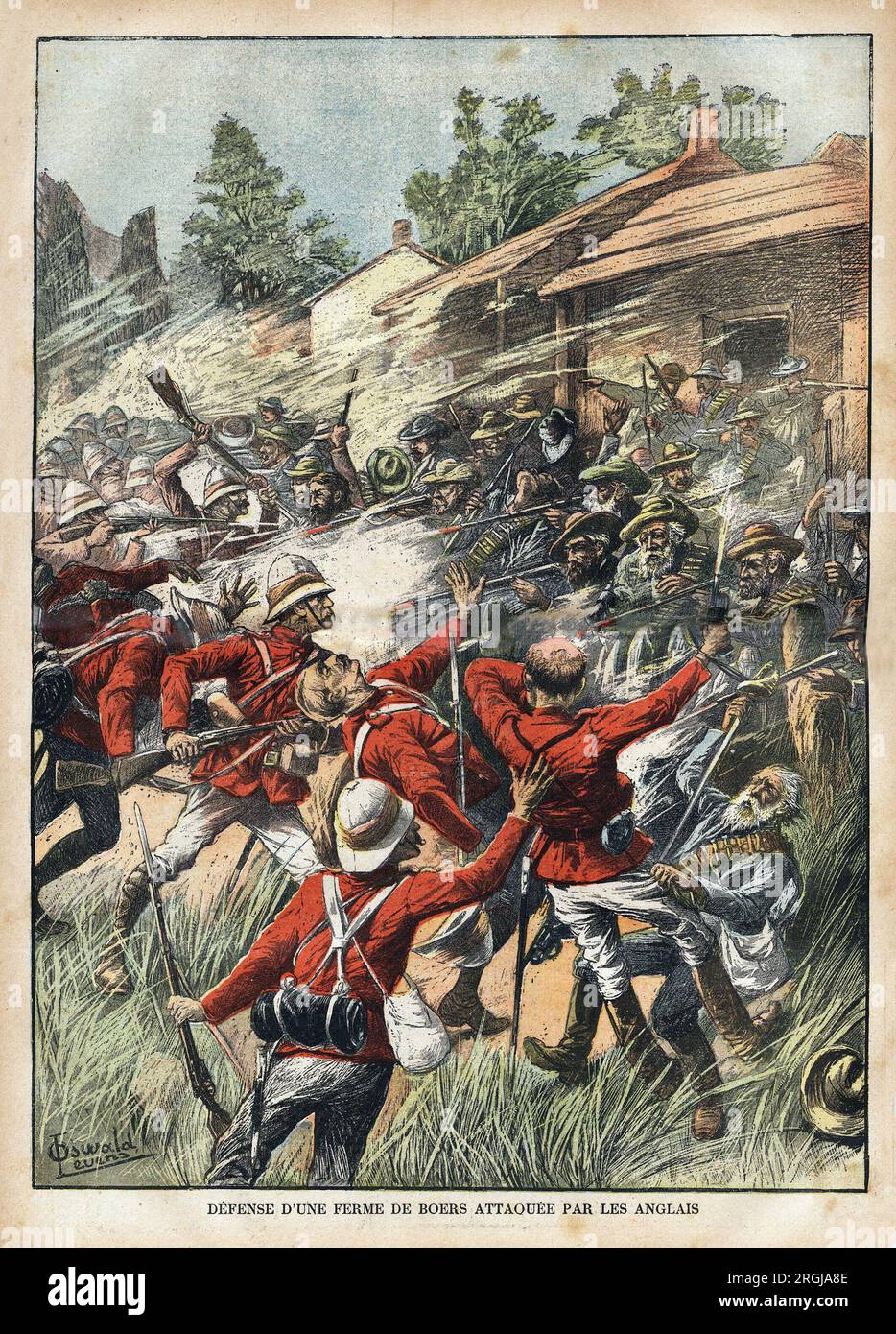 La Defense d'une ferme de Boers attaquee par les troupes anglaises, Pendant la guerre au Transvaal (Afrique du Sud). Gravure in 'Le pelerin' 18021900. Stockfoto