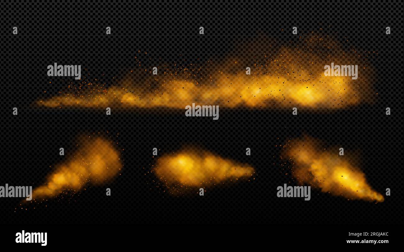 Realistischer Satz brauner Pulverwolken auf transparentem Hintergrund. Vektordarstellung der Zimtgeschmacksexplosion, Kaffeeduft, Staub platzt mit Partikeln, die in die Luft fliegen, Wüsten-Sandsturm-Effekt Stock Vektor