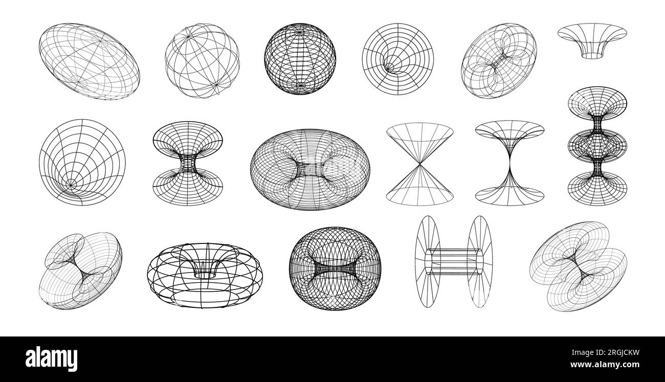 Drahtmodell – futuristische abstrakte Formen im Retro-Look. Vektorset geometrischer 3D-brutalistischer Figuren Stock Vektor