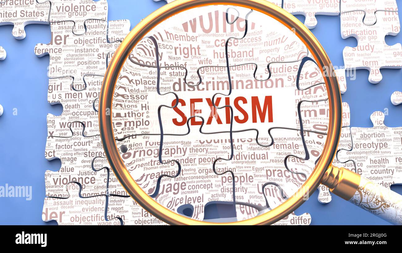 Sexismus wird genau untersucht, zusammen mit einer Vielzahl lebenswichtiger Begriffe und Wörter, die direkt mit Sexismus in Verbindung stehen. Viele Teile eines Puzzles bilden eins, verbunden mit Stockfoto