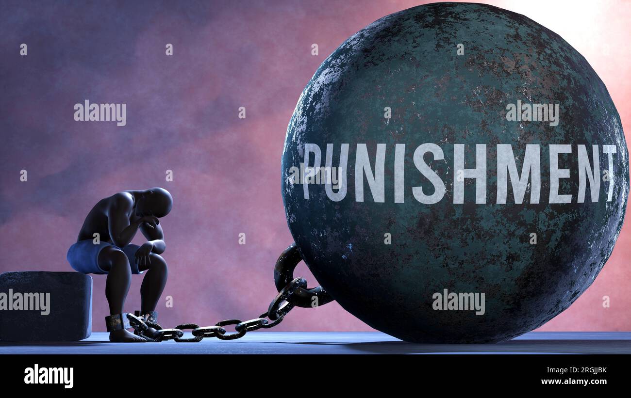 Bestrafung - eine Metapher, die den menschlichen Kampf mit der Bestrafung zeigt. Gekündigt und erschöpft, an die Strafe gekettet. Von einem Contin Stockfoto