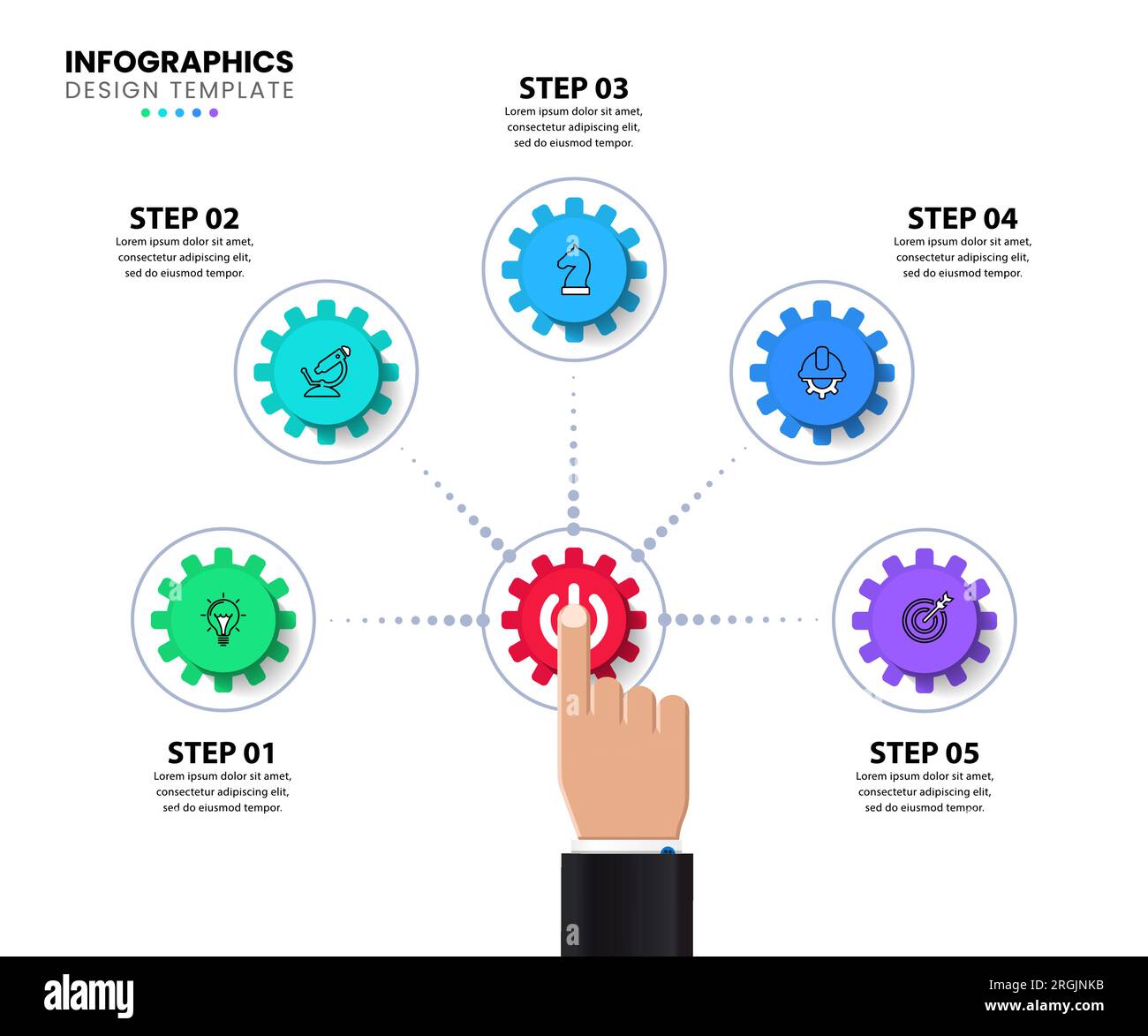 Infografik-Vorlage mit Symbolen und 5 Optionen oder Schritten. Zahnräder. Kann für Workflow-Layout, Diagramm, Banner, webdesign verwendet werden. Vektorgrafik Stock Vektor