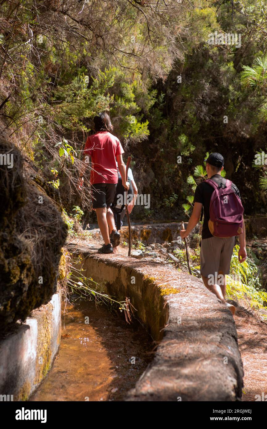 Wanderungen mit Rucksäcken, Spaziergänge entlang einer Grube auf dem Pfad nach Marcos y Corderos, La Palma, Kanarische Inseln, Spanien. Vertikale Ansicht. Tagestrekking-Konzept. Stockfoto