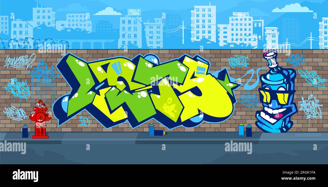 Trendige, Farbenfrohe Straßenart-Graffiti-Mauer Im Freien Mit Zeichnungen Vor Dem Hintergrund Der Stadtlandschaft Vector Illustration Stock Vektor