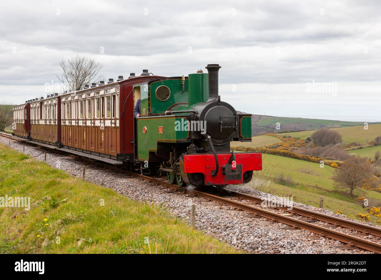 Dampfeisenbahn nähert sich Woody Bay Station auf der Lynton und Barnstaple Railway, Devon, UK, gezogen von Joffre Class 'Axe' Lokomotive Stockfoto