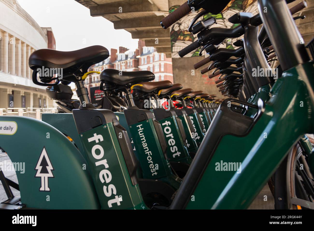 Eine Reihe von HumanForest E-Bikes, geparkt unter Hammersmith Flyover, West London, England, Großbritannien Stockfoto