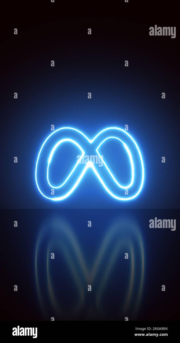 Madrid, Spanien - August 2023. Meta-Logo auf schwarzem Hintergrund. Facebook Instagram Whatsapp Messenger. Neonlicht. Stockfoto