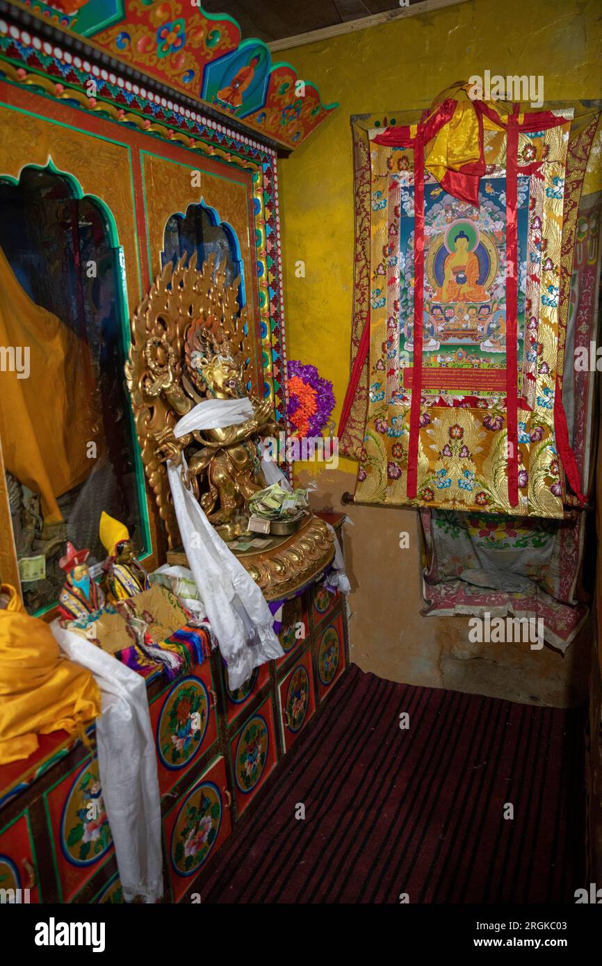 Indien, Ladach, Zanskar, Karsha, Kloster, Lhakang Gebetshalle, buddhistischer Dankeschön und ergebene Persönlichkeiten Stockfoto