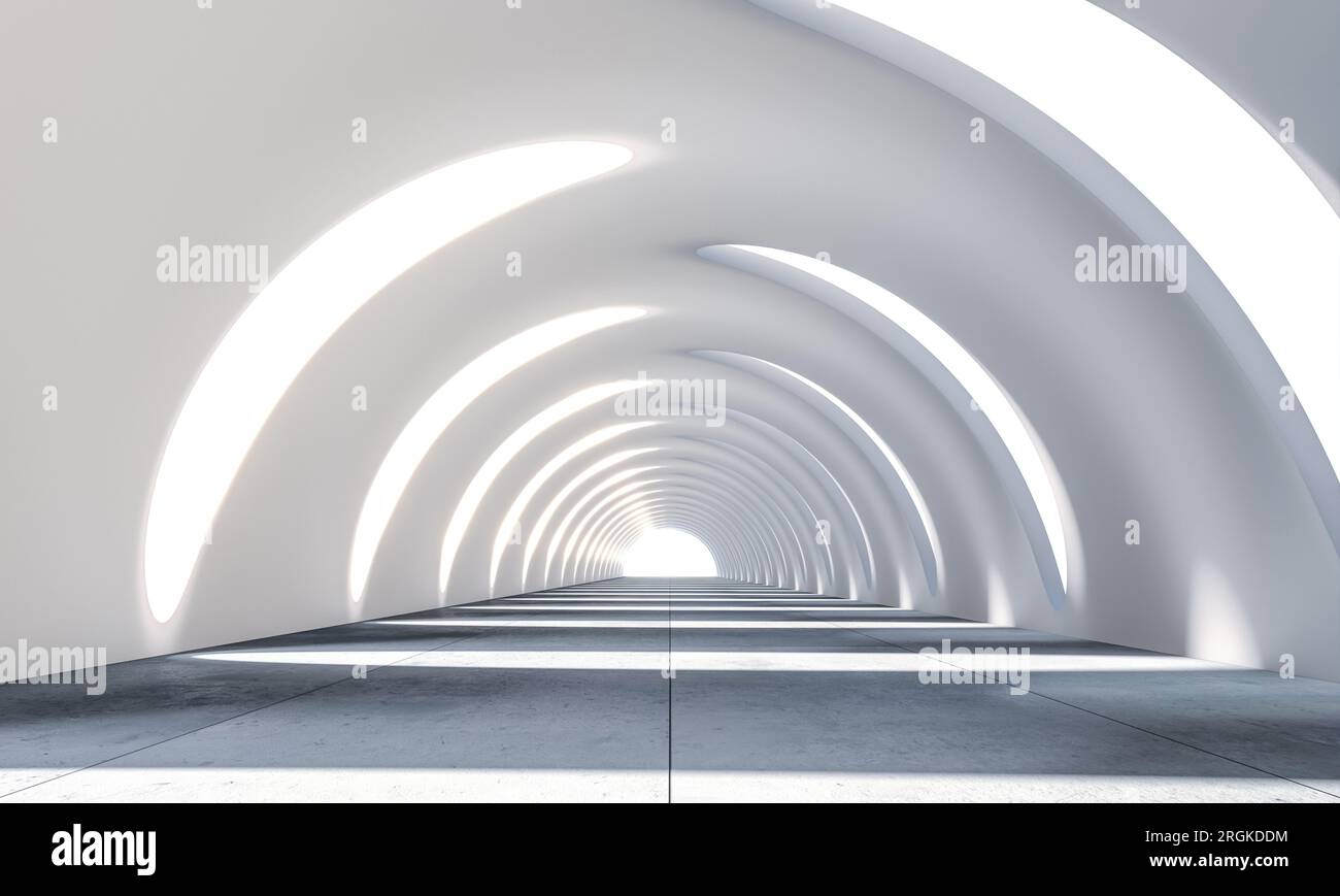 3D Rendern Sie futuristische Tunnel mit gebogenen Öffnungen an den Seiten Stockfoto
