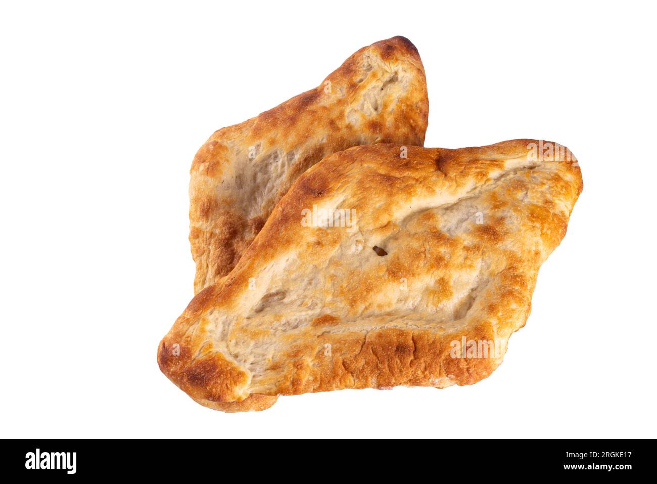 Shotis puri, handgemachte georgianische Brotlavash, lokales nationales kaukasisches zentralasiatisches Essen, frisch gebackenes Shoti-Brot isoliert auf weißem Hintergrund Stockfoto