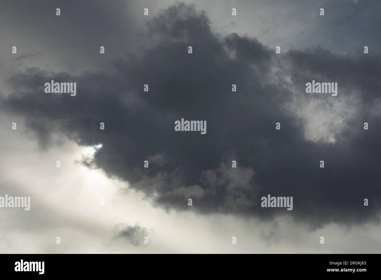 Wolke verdeckt die Sonne. Grauer Himmel. Wolkiges Wetter. Tragischer Himmel über dem Wald. Stockfoto