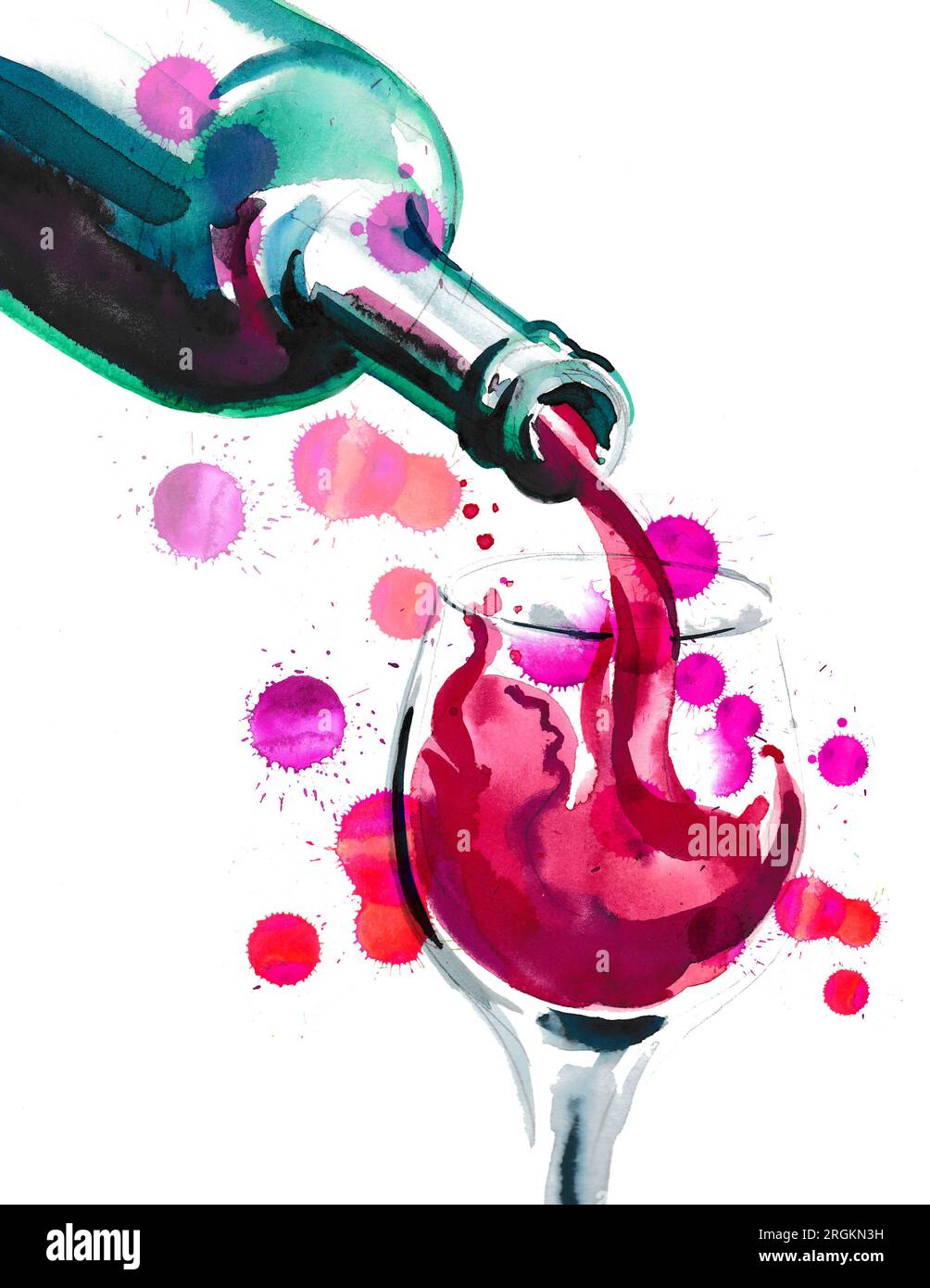 Flasche Rotwein und Glas. Handgezeichnetes Aquarellgemälde Stockfoto