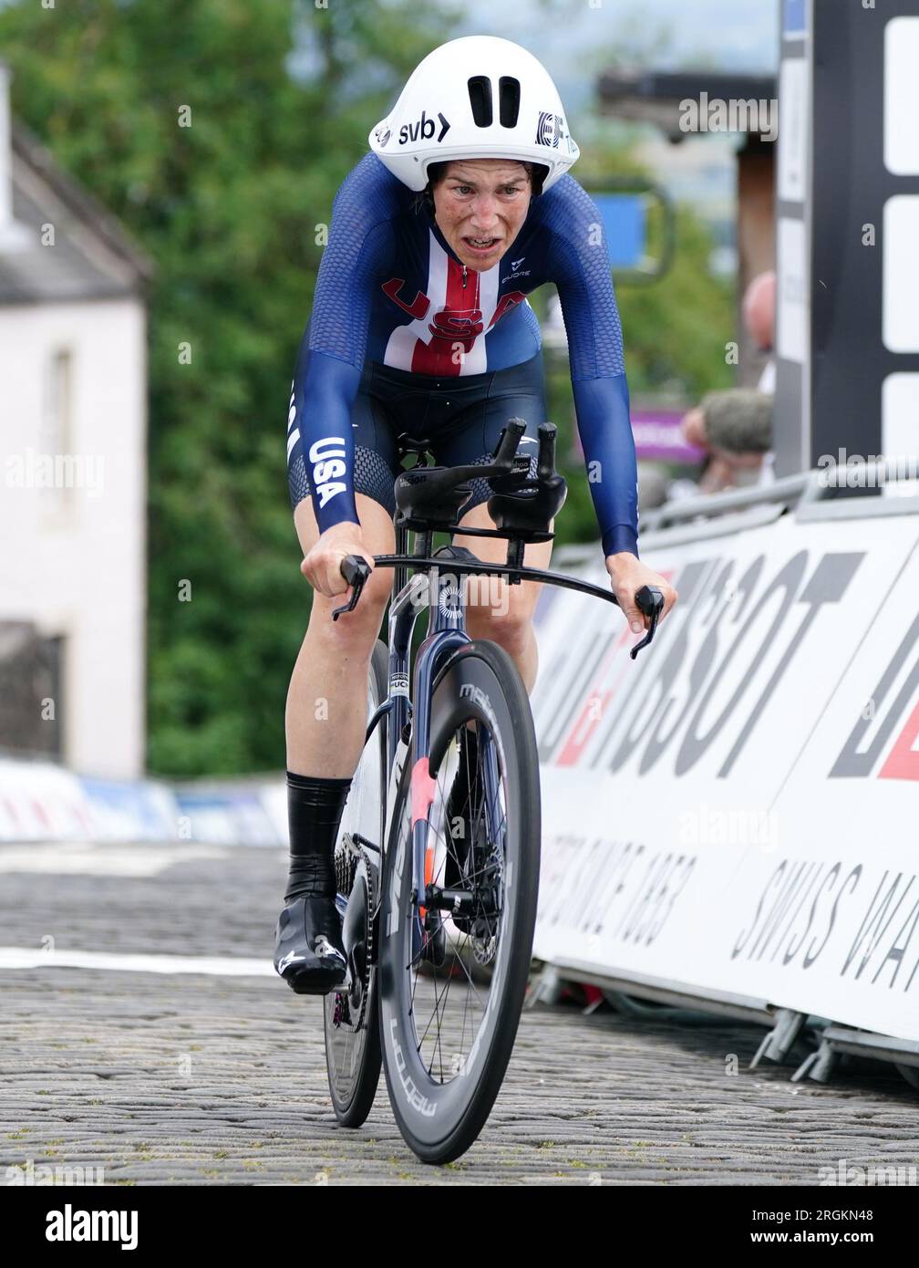 Lauren Stephens aus den USA überquert die Ziellinie beim Individual Time Trial der Women's Elite am achten Tag der UCI-Radweltmeisterschaft 2023 in Stirling. Foto: Donnerstag, 10. August 2023. Stockfoto