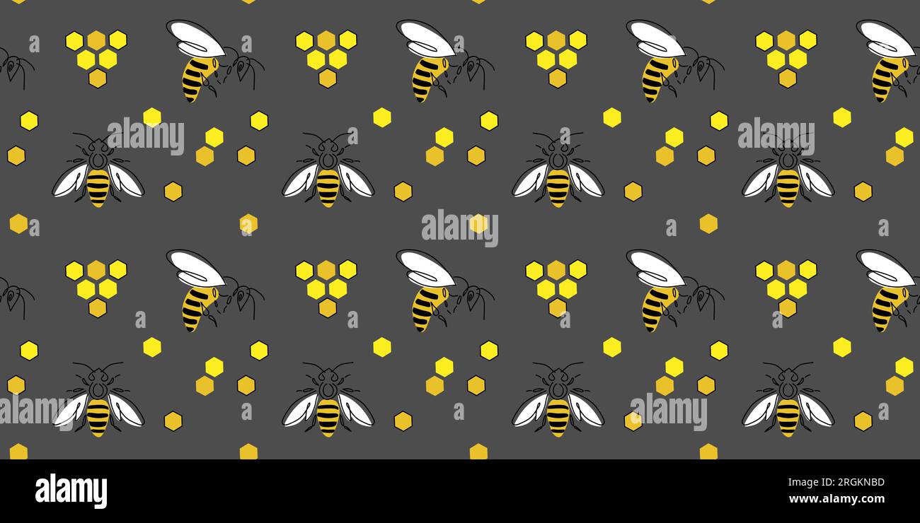 Honey and bee seamless vector pattern, texture, background in yellow and grey colors. Vector pattern for honey label design, wrapping. One continuous Stock Vektor