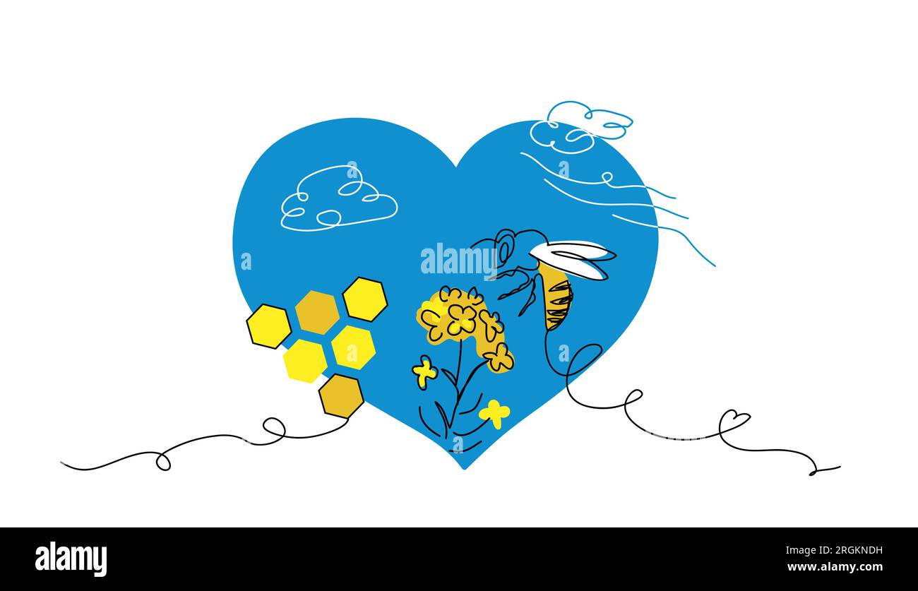 Biene, Honig, Waben und Blume in blauer Herzform. Vektorfarben in Gelb und Blau für ukrainisches Honigetikett-Design. Eins Stock Vektor