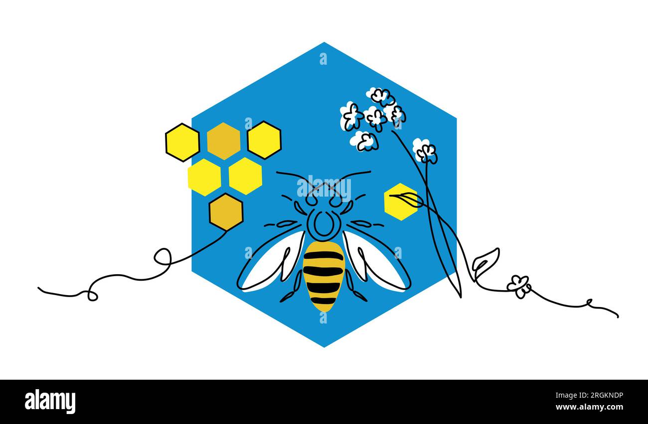 Biene, Honig, Waben und Blume in blauer sechseckiger Form. Vektorfarben in Gelb und Blau für ukrainisches Honigetikett-Design. Eins Stock Vektor