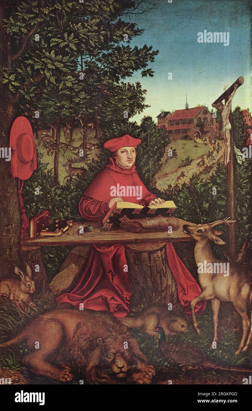 Kardinal Albrecht von Brandenburg (1490-1545) als Heiliger Jerome 1527 von Lucas Cranach dem Ältesten Stockfoto