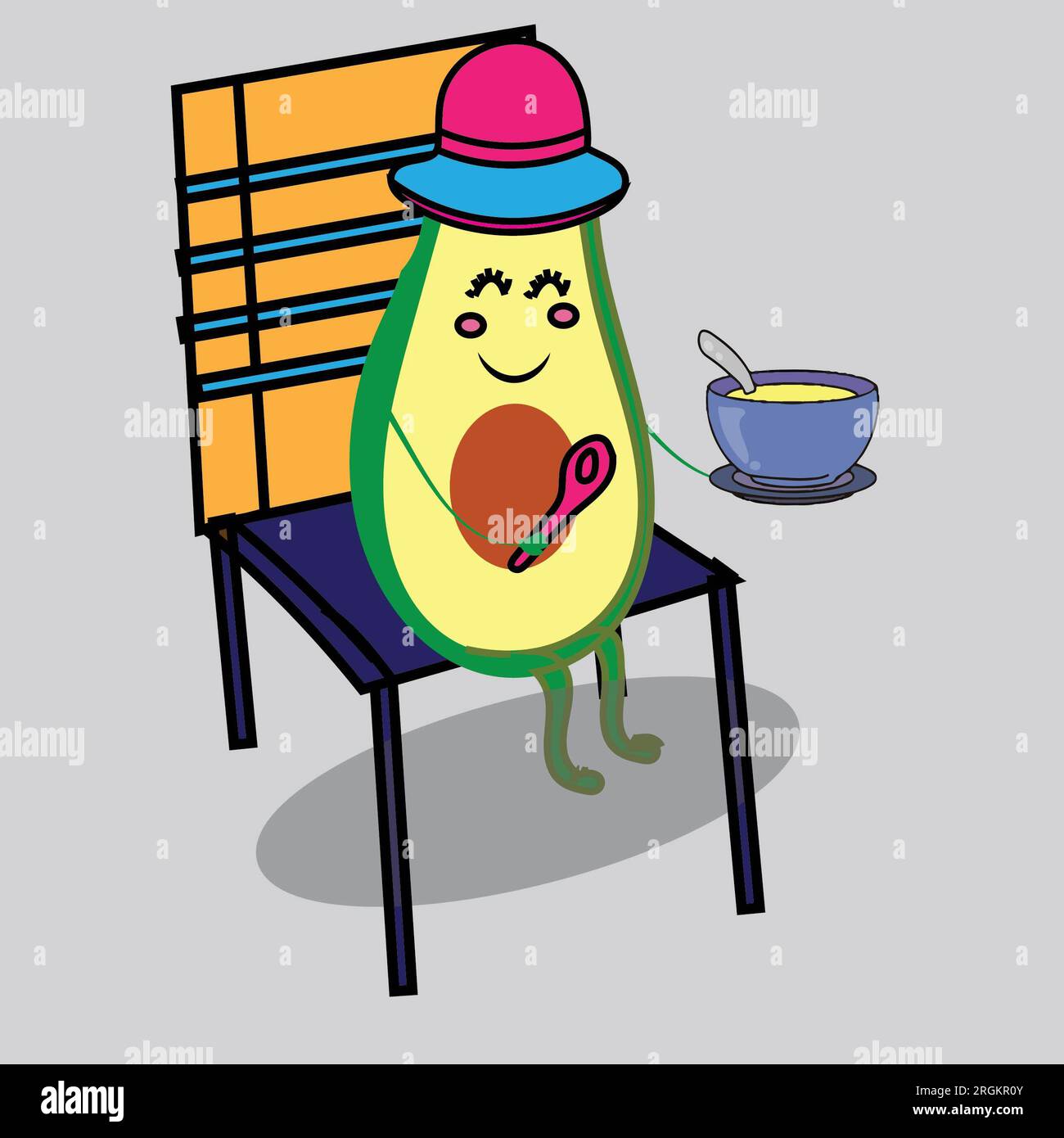 Der lustigste Avocado isst Suppe, setzt euch auf den Stuhl Stockfoto