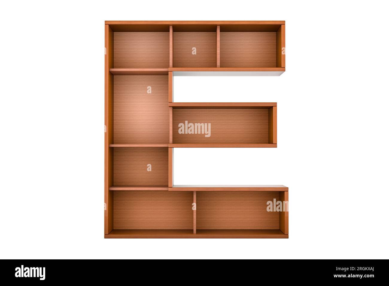 Buchstabe E, Alphabet als Bücherregal ohne Bücher, 3D-Rendering isoliert auf weißem Hintergrund Stockfoto