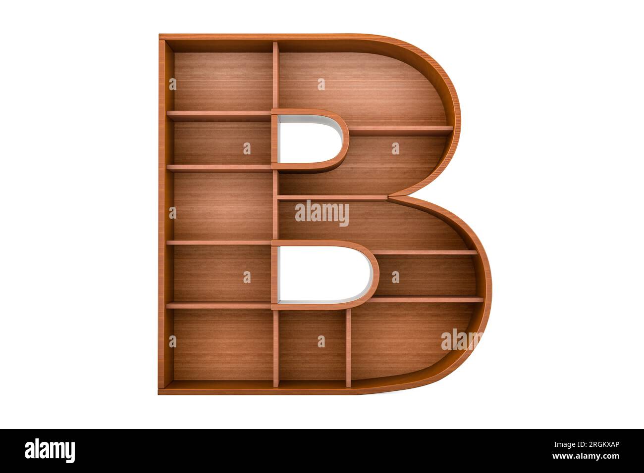 Buchstabe B, Alphabet als Bücherregal ohne Bücher, 3D-Rendering isoliert auf weißem Hintergrund Stockfoto
