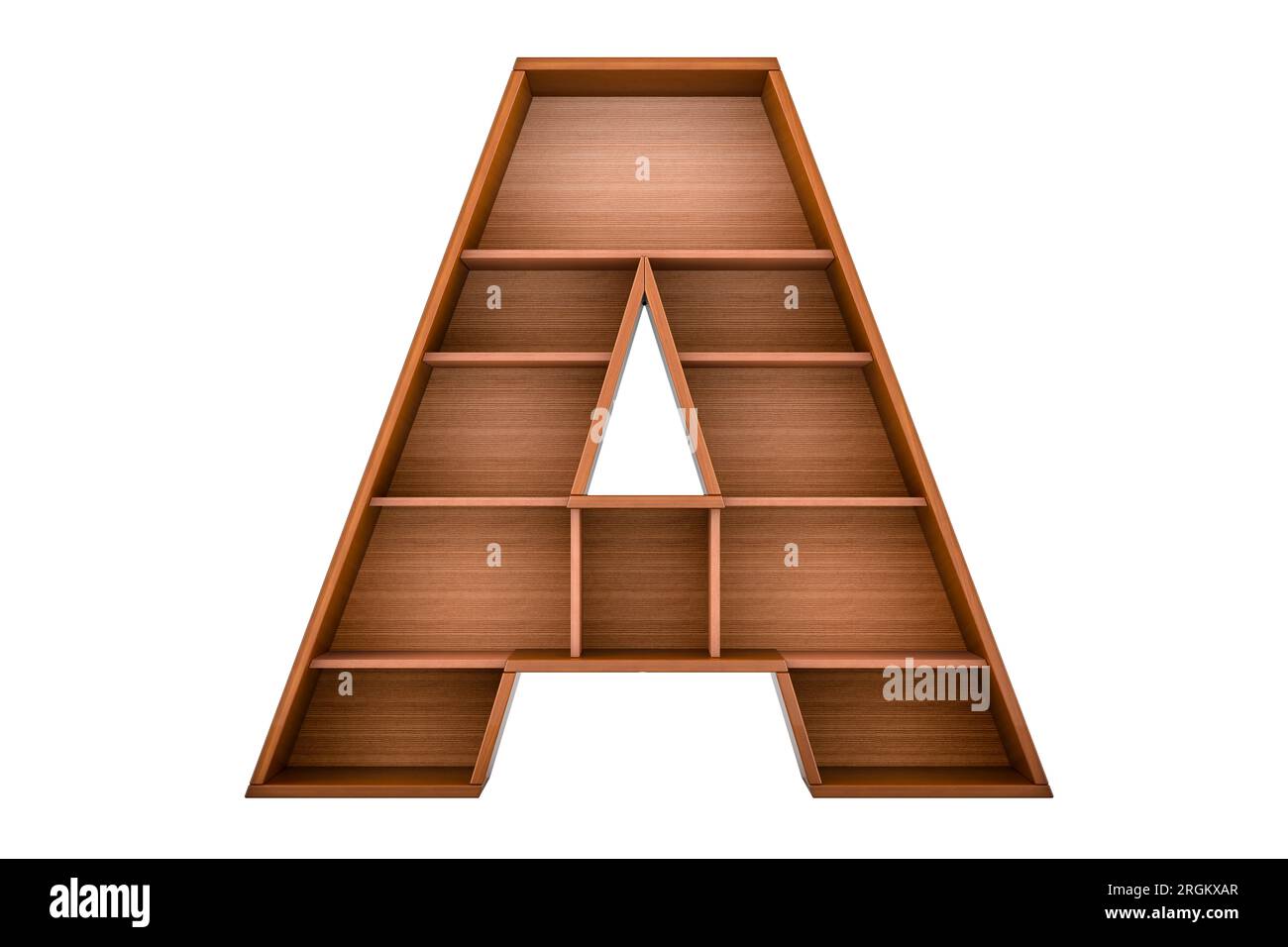 Buchstabe A, Alphabet als Bücherregal ohne Bücher, 3D-Rendering isoliert auf weißem Hintergrund Stockfoto
