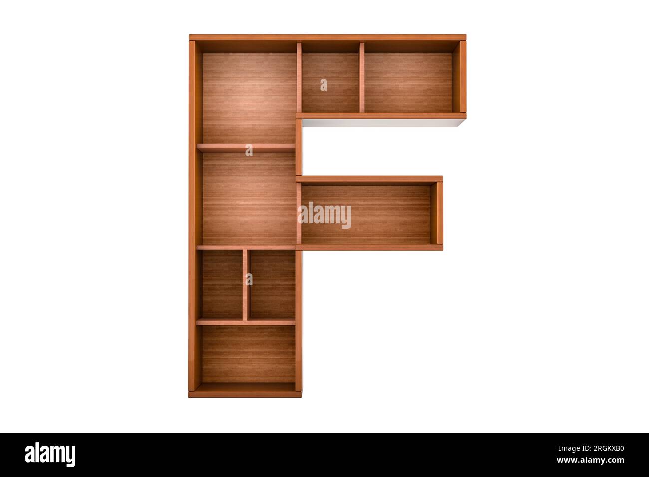 Buchstabe F, Alphabet als Bücherregal ohne Bücher, 3D-Rendering isoliert auf weißem Hintergrund Stockfoto