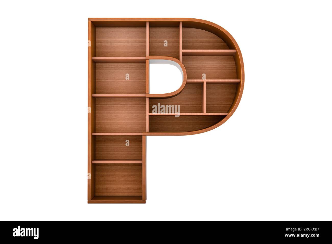 Buchstabe P, Alphabet als Bücherregal ohne Bücher, 3D-Rendering isoliert auf weißem Hintergrund Stockfoto