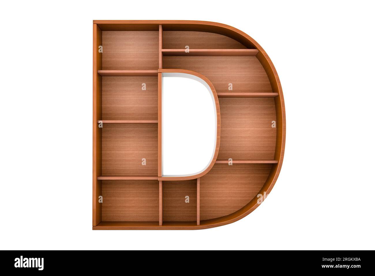Buchstabe D, Alphabet als Bücherregal ohne Bücher, 3D-Rendering isoliert auf weißem Hintergrund Stockfoto