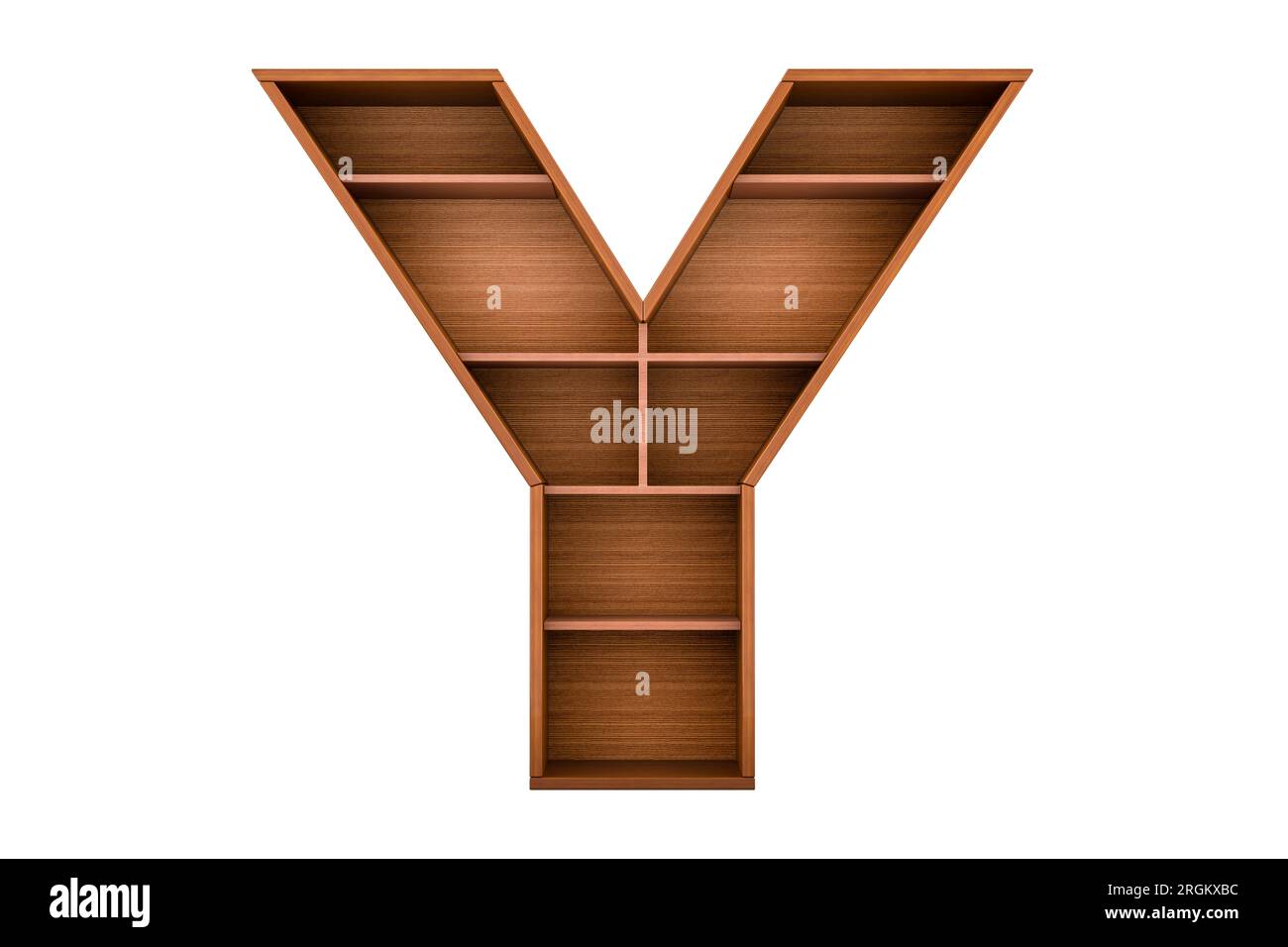 Buchstabe Y, Alphabet als Bücherregal ohne Bücher, 3D-Rendering isoliert auf weißem Hintergrund Stockfoto