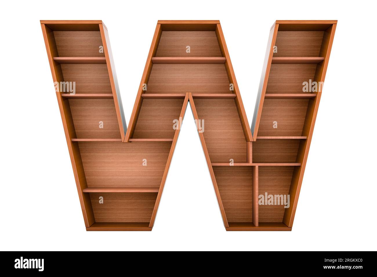 Buchstabe W, Buchstabe als Bücherregal ohne Bücher, 3D-Rendering isoliert auf weißem Hintergrund Stockfoto
