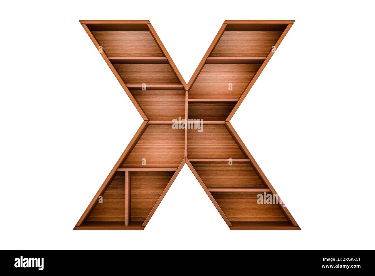 Buchstabe X, Alphabet als Bücherregal ohne Bücher, 3D-Rendering isoliert auf weißem Hintergrund Stockfoto