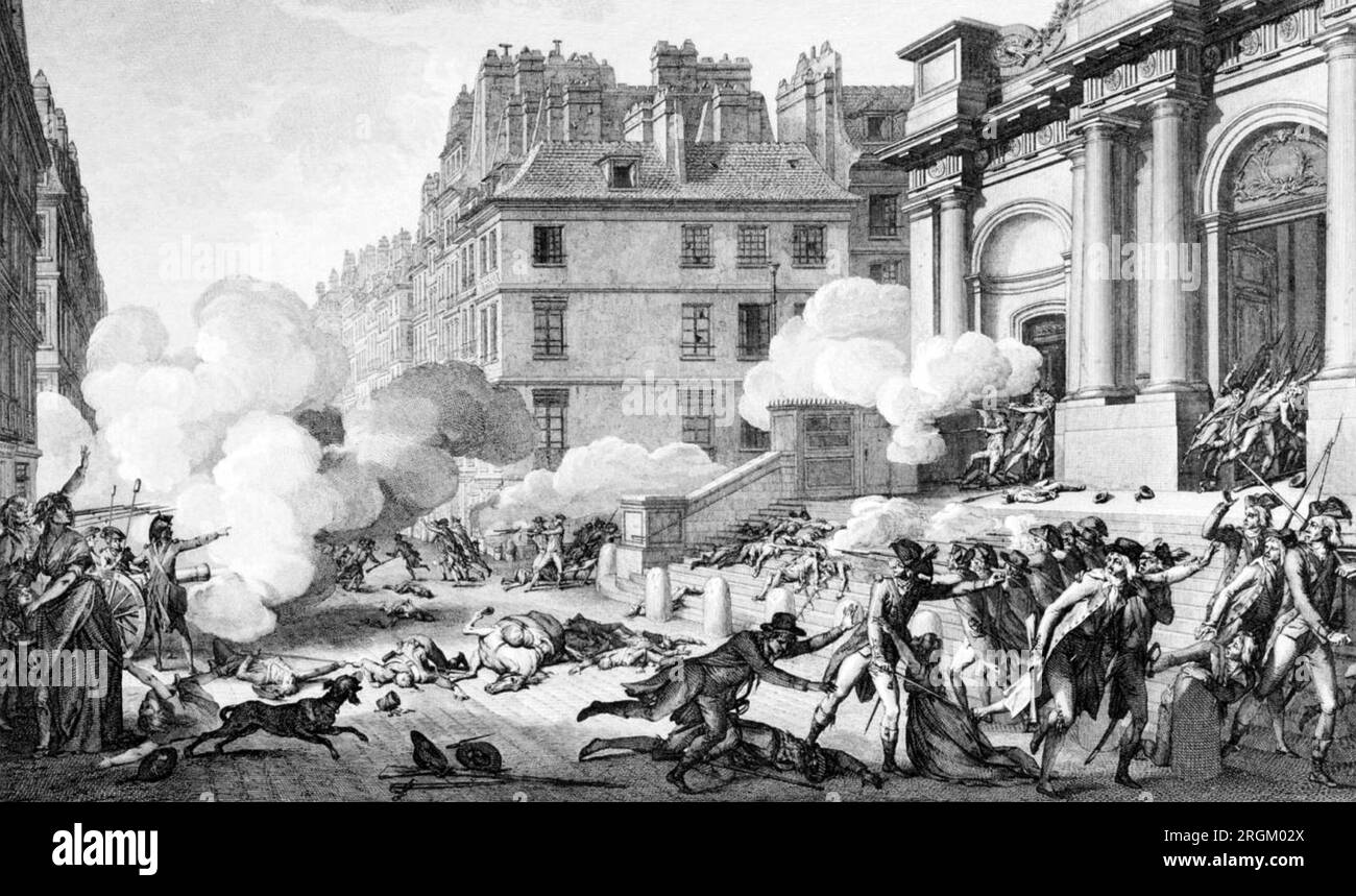 13 VENDÉMIAIRE (5. Oktober 1795) Bonaparte besiegt die Royalisten, indem es vor der Elise Saint-Roch in der Rue Saint-Honoré, Paris, auf Menschenmassen schießt. Etwa 400 Menschen starben. Stockfoto