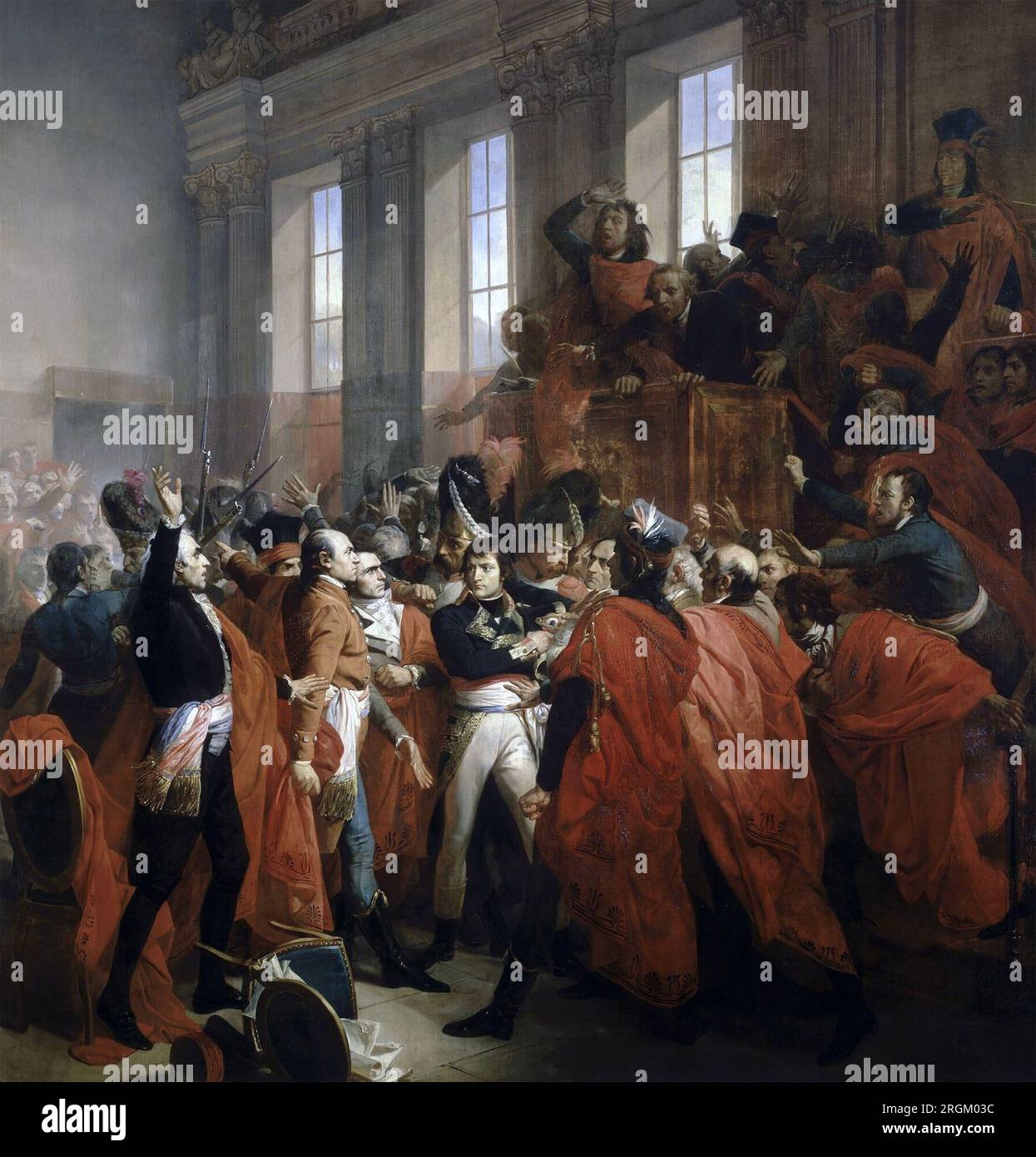 NAPOLEON BONAPARTE (1769-1821) Mitglieder des Rates der 500 umzingeln General Bonaparte während des Putsches von 18 Brumaire (9. November 1799), der zum ersten Konsul Frankreichs wurde. Gemälde von Francois Bouchot Stockfoto