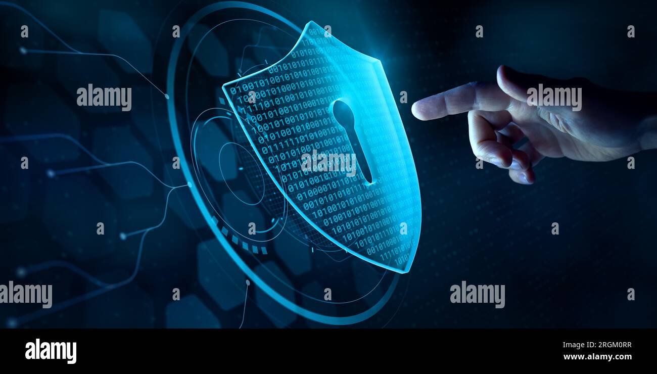 Cybersicherheit und Datenschutz im Internet. Person berührt Virtual Shield, sicherer Zugriff, verschlüsselte Verbindung. Kennwortgeschütztes System und STO Stockfoto