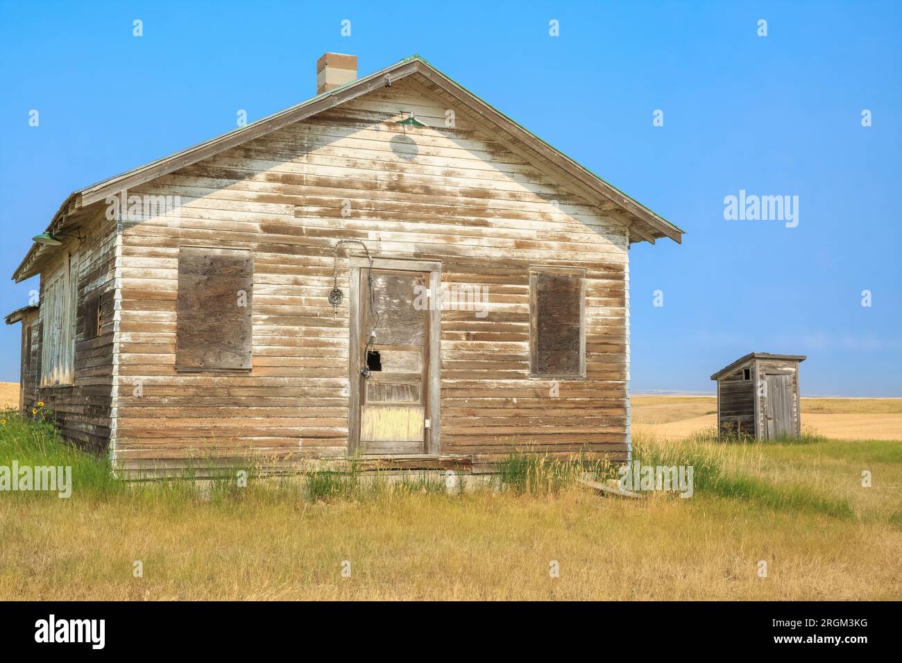 Alte Schule in der Prärie über Weizenfeldern bei Fort benton, montana Stockfoto