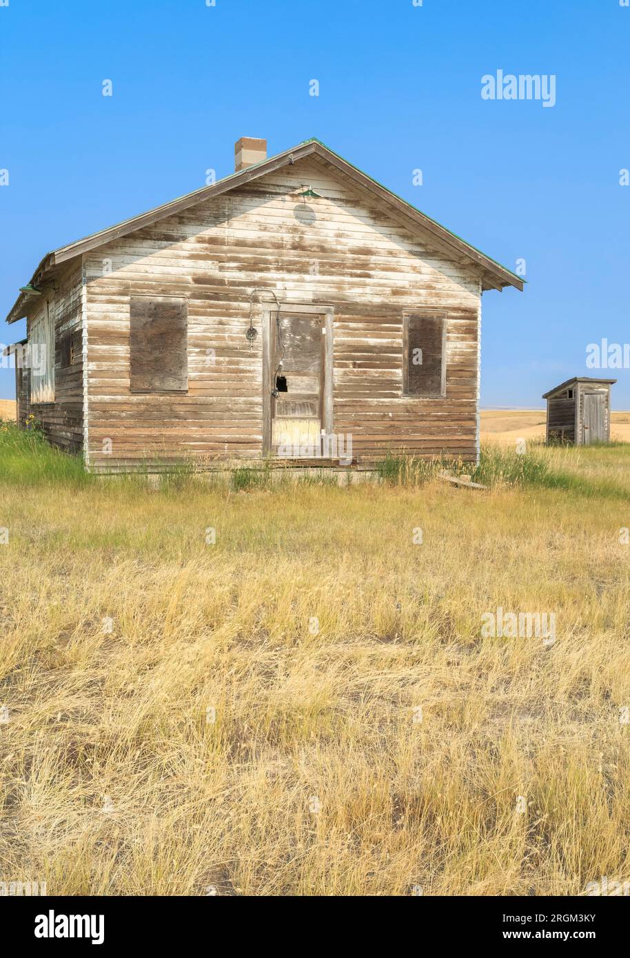 Alte Schule in der Prärie über Weizenfeldern bei Fort benton, montana Stockfoto
