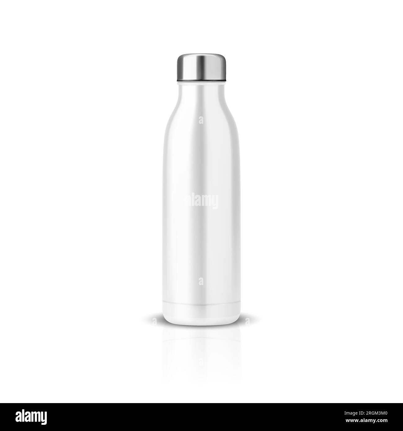 Vector Realistic 3D Weiße, leere, wiederverwendbare Wasserflasche aus glänzendem Metall mit isolierter Silver Bung Closeup. Konstruktionsvorlage für Verpackungsmodell mit Stock Vektor