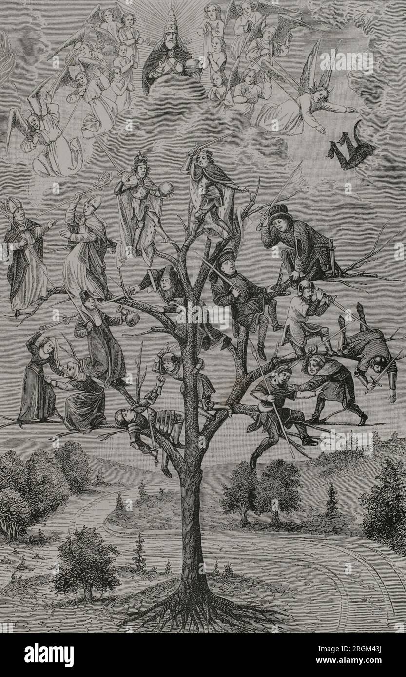 Der Baum der Schlachten. Allegorie, die die Uneinigkeit zwischen den verschiedenen sozialen Schichten im Mittelalter repräsentiert. Gravur von Etienne Huyot und Jules Huyot nach einer Miniatur von „die drei Schlachten“ von Honoré Bouet aus dem 15. Jahrhundert. "Vie Militaire et Religieuse au Moyen Age et à l'Epoque de la Renaissance". Paris, 1877. Stockfoto