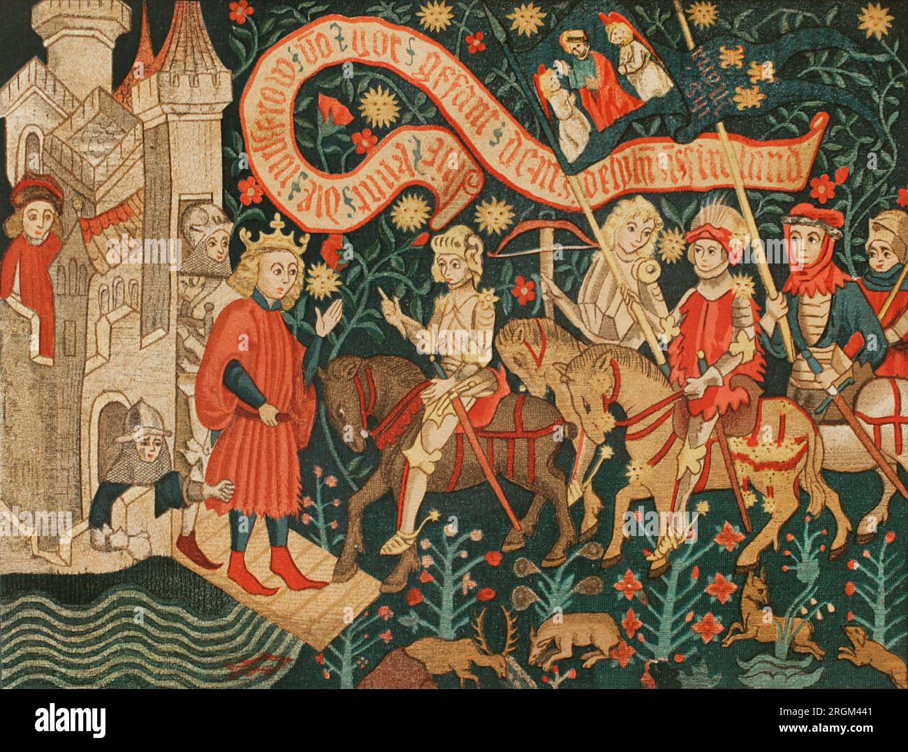 Jeanne d'Arc (1412-1431) ging nach Chinon für eine Audienz mit dem Dauphin von Frankreich, dem zukünftigen Karl VII Charles erhielt am 6. März 1429 Johanna von Orleans. Ankunft der Jeanne d'Arc am Schloss von Chinon. Chromolithographie aus einem deutschen Wandteppich der Zeit. "Vie Militaire et Religieuse au Moyen Age et à l' Epoque de la Renaissance". Paris, 1877. Stockfoto
