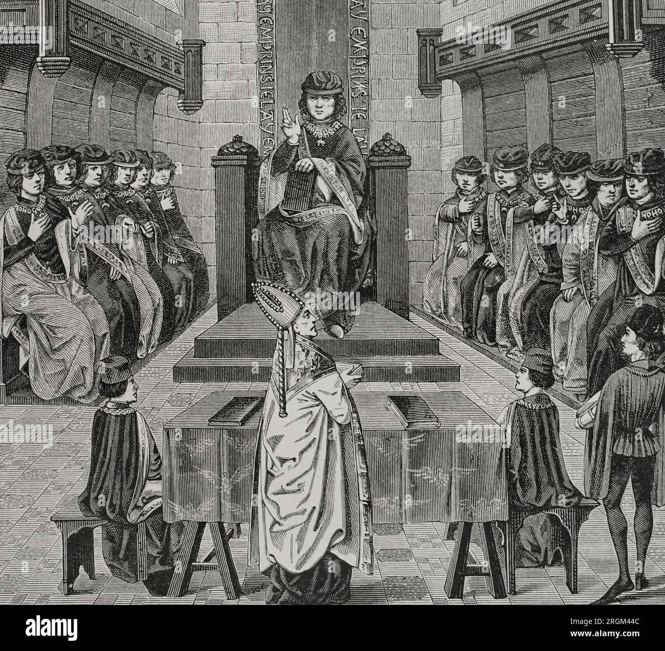 Kapitel des Ordens des Goldenen Vlies im Besitz von Charles dem Bold (1433-1477). Gravur von C. Maradan und Huyot nach einer Miniatur aus dem 15. Jahrhundert. "Vie Militaire et Religieuse au Moyen Age et à l'Epoque de la Renaissance". Paris, 1877. Stockfoto
