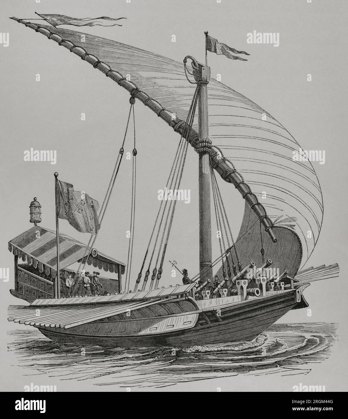 Päpstliche Galeere mit großen Ständern, Segeln, Rudern und schwerer Artillerie. 19. Jahrhundert Version einer Gravur von Frans Huys (ca. 1522-1562) im Jahre 1550 nach einer Zeichnung von Brueghel dem Ältesten (ca. 1525-1569). "Vie Militaire et Religieuse au Moyen Age et à l'Epoque de la Renaissance". Paris, 1877. Stockfoto