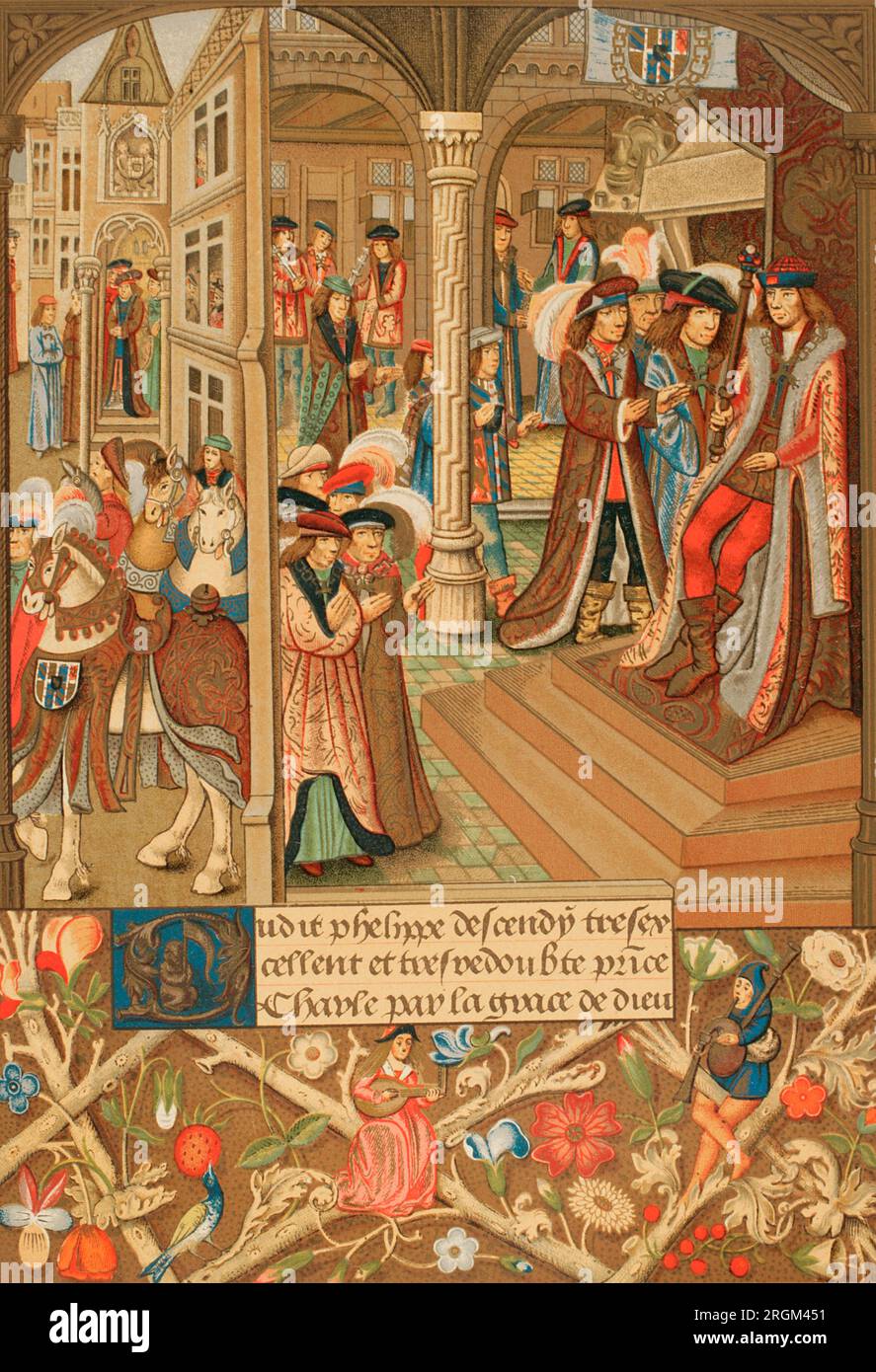 Karl I. aus Burgund (1433-1477), sogenannter "der Bold". Herzog von Burgund. Charles der kühne und sein Hof. Chromolithographie aus einer Miniatur der Chroniques abrégées des Anciens Rois et Ducs de Bourgogne. "Vie Militaire et Religieuse au Moyen Age et à l'Epoque de la Renaissance". Paris, 1877. Stockfoto